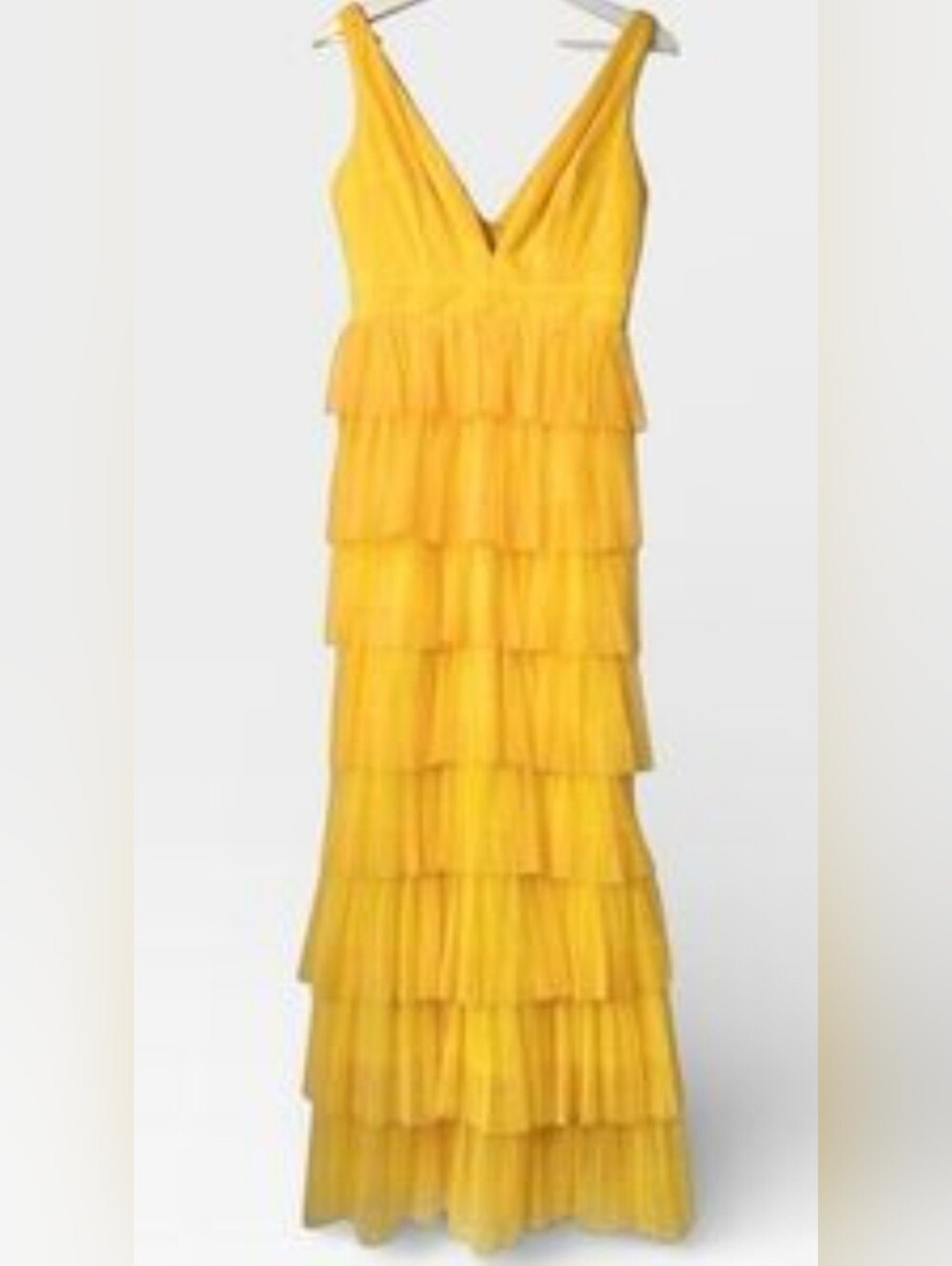 Fashion Nova Yellow Tiered V-Neck Ruffle Maxi Dress